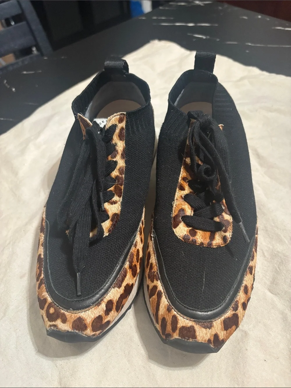Loeffler Randall Black Knit Sneakers with Leopard Trim